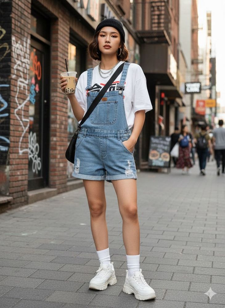 Denim Overall Dungaree Shorts