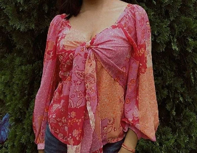 Floral Print Tie-Front Top