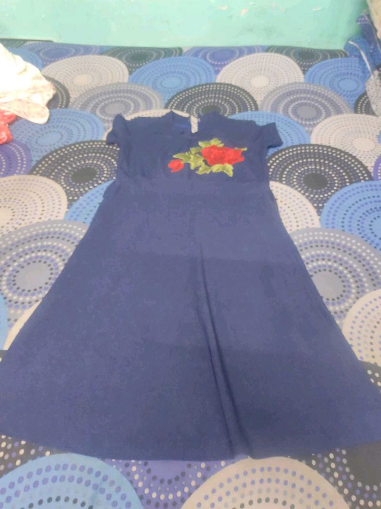 Navy Blue Floral Embroidered A-Line Dress