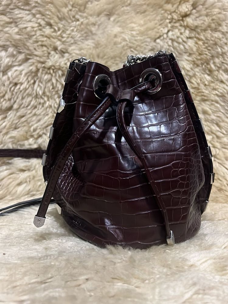 Zara Brand Burgundy Croc Embossed Bucket Bag