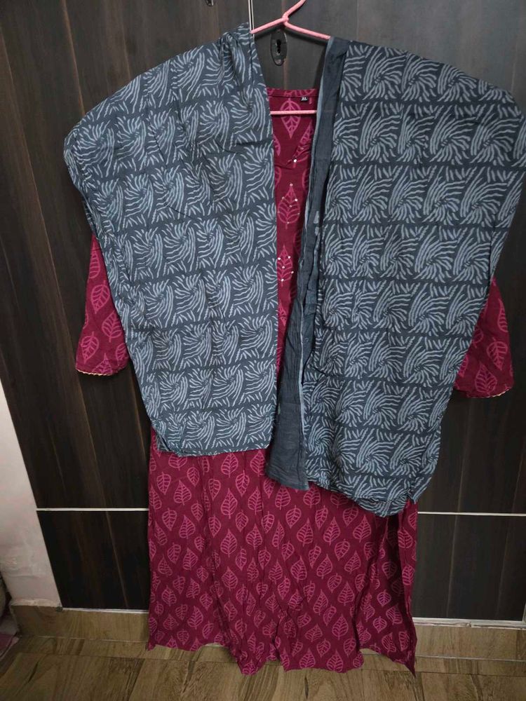 Pink Kurti with Pant And Printed Dupatta