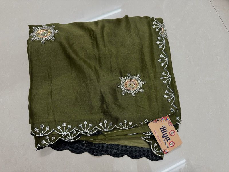 Women Olive Green Heavy Party Wear Saree