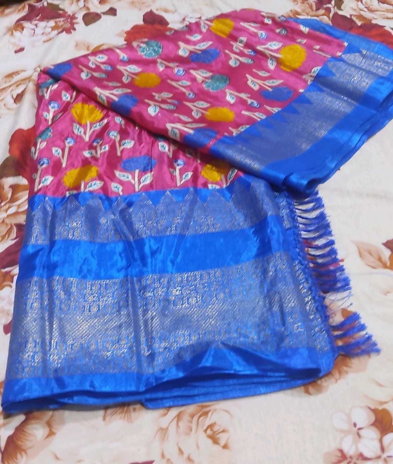 Pink &amp; Blue Floral Design Saree