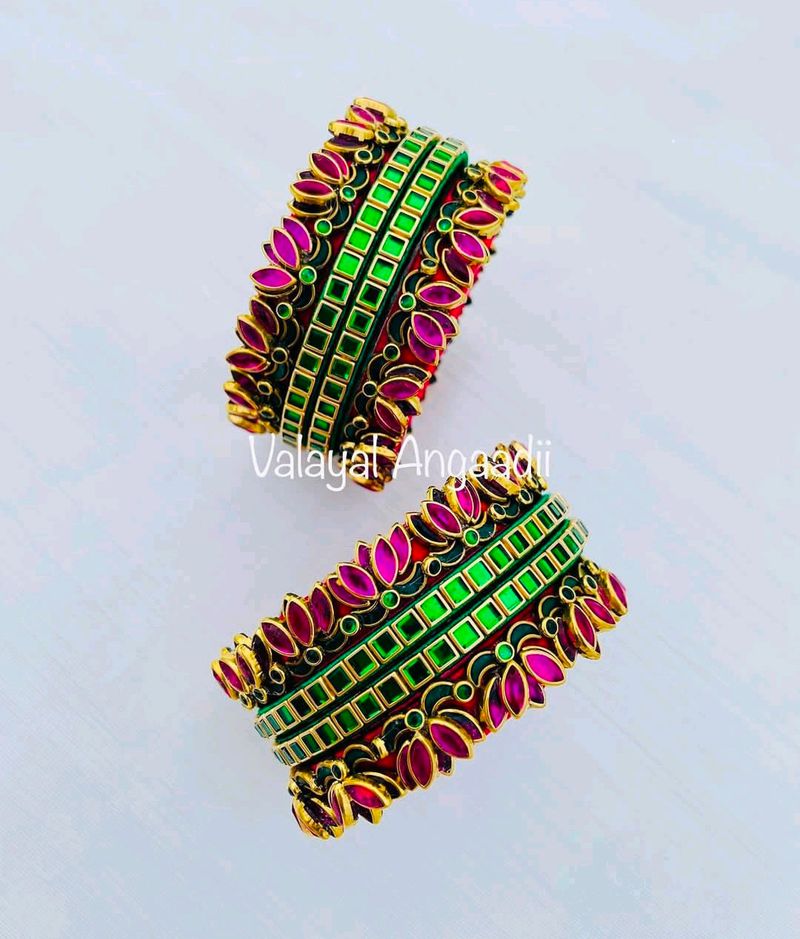 3d Lotus Kundan Silk Thread Bangles