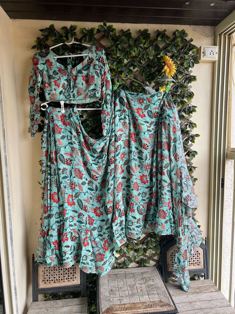Sea Green Colored Pre Draped Ruffle Saree
