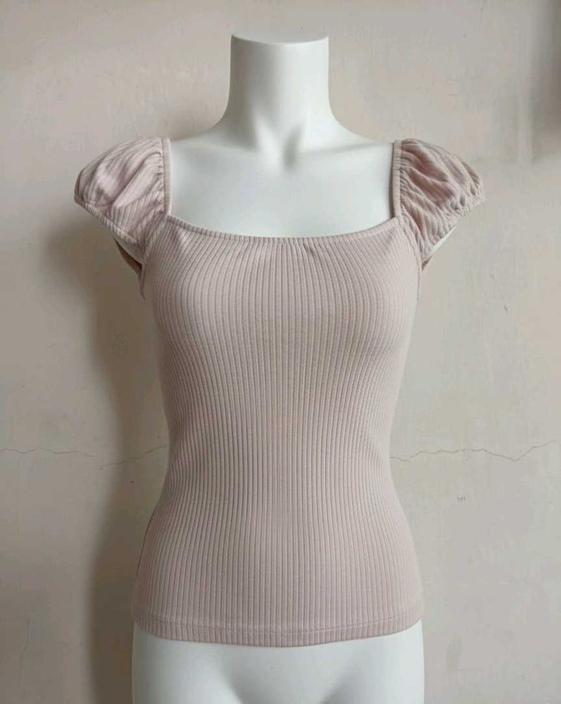 Cute Pink Puff Sleeve Ribbed Top