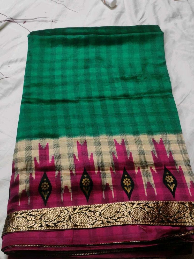 Green &amp; Pink Checked Saree