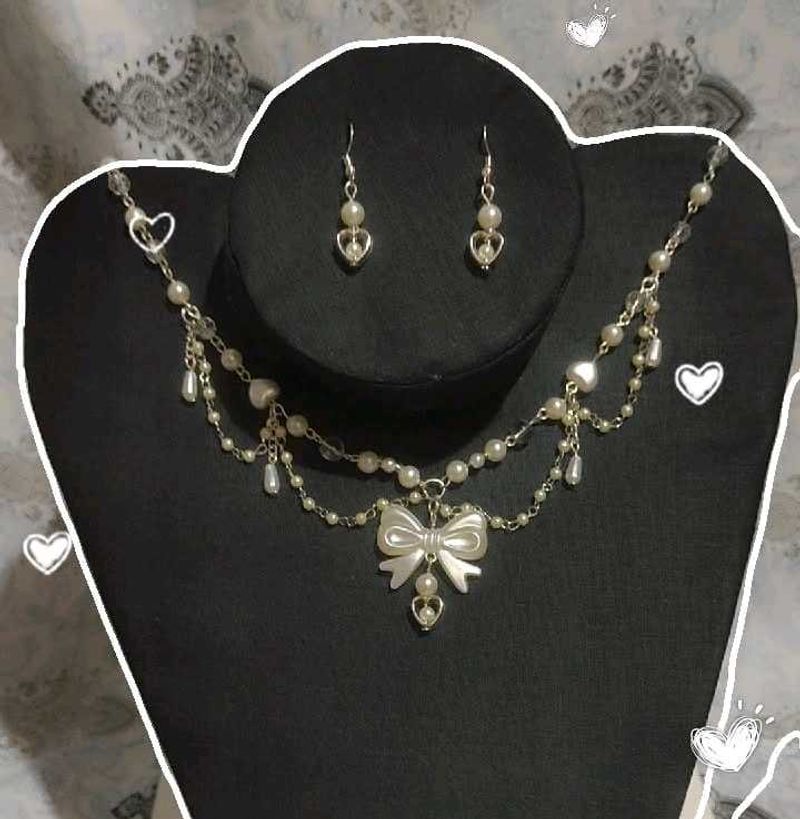 Pearl Bow Necklace &amp; Earring Set