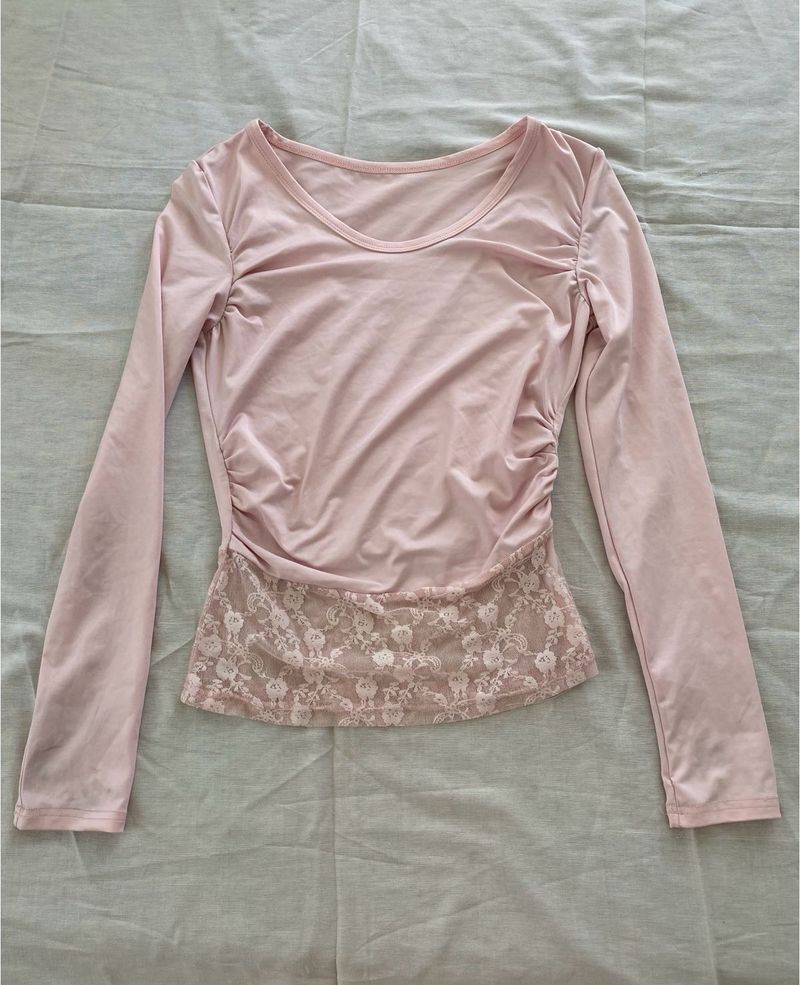 Pink Lace Trim Long Sleeve Top