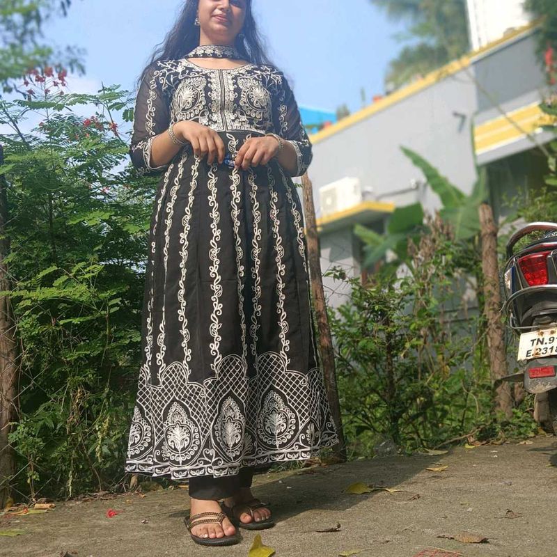 Black &amp; White Embroidered Anarkali Suit