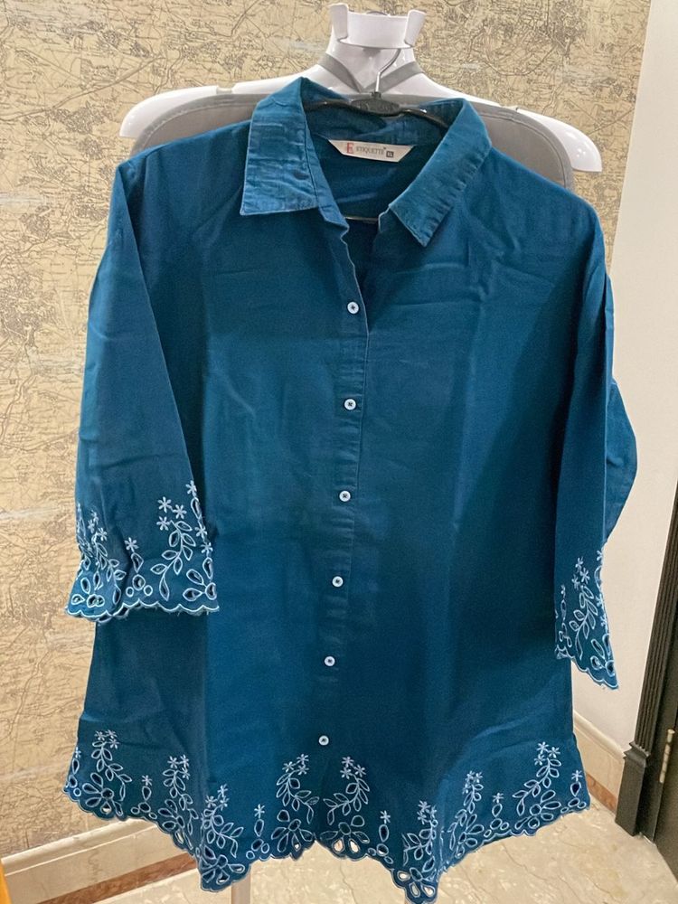 Elegant Embroidered Teal Button-Down