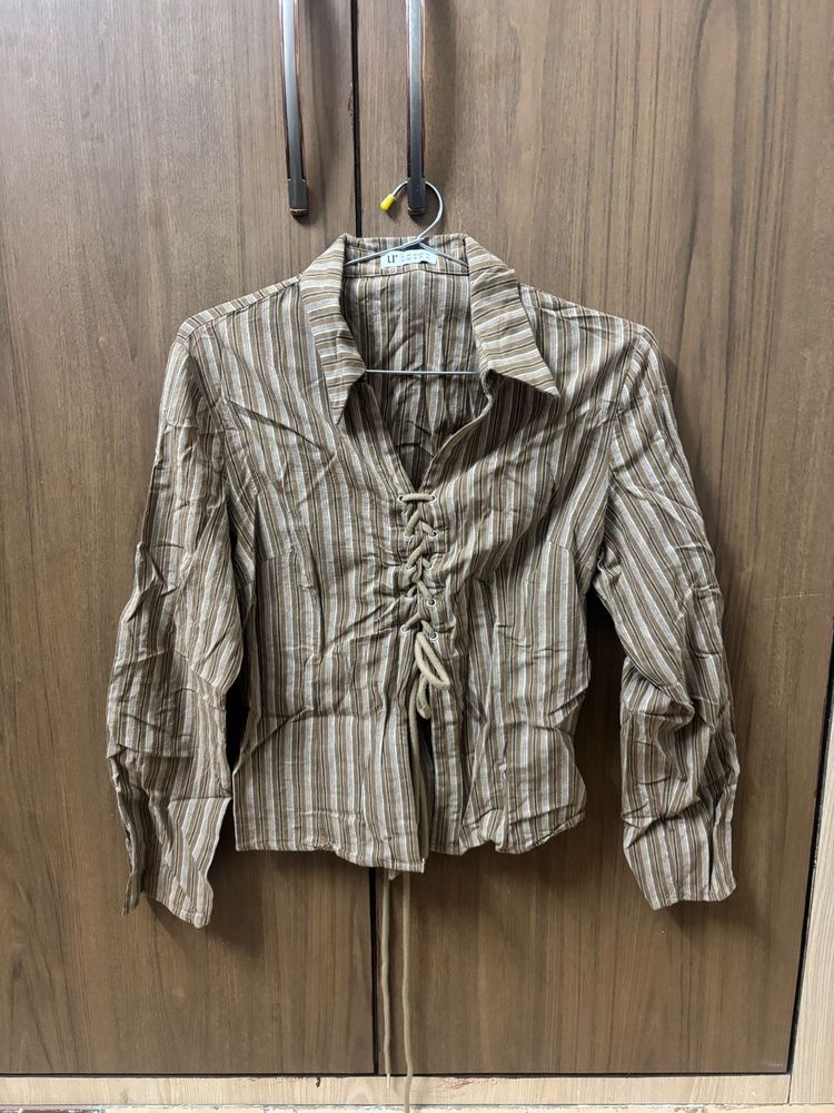 Striped Brown Blouse with Tie Detail