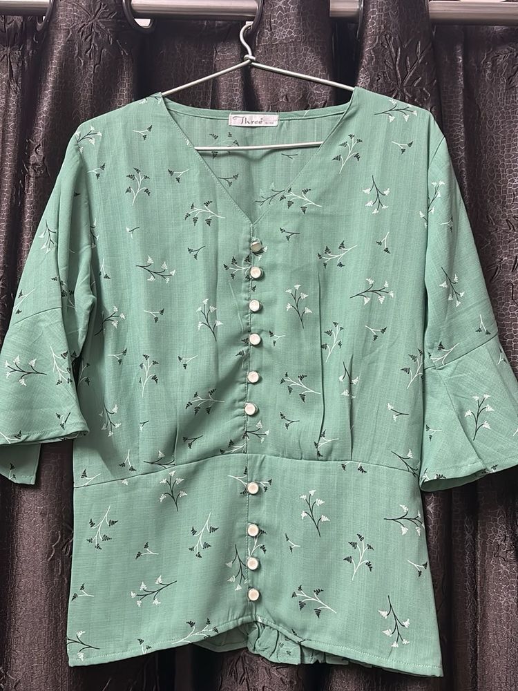Green Floral Button-Down Top