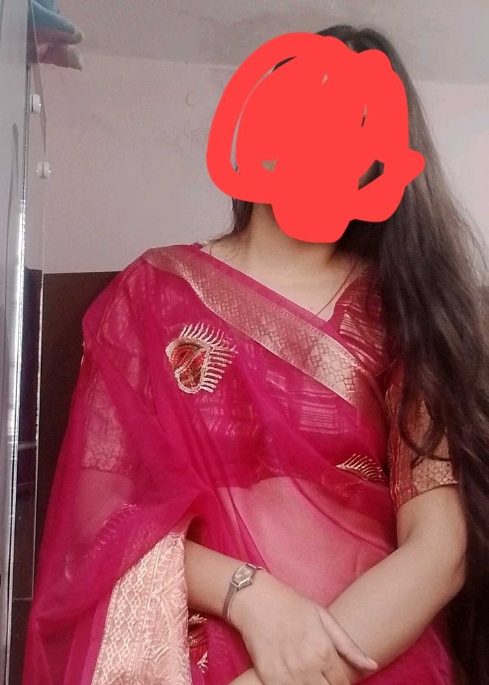 orgnza dark pink saree with disgner blouse