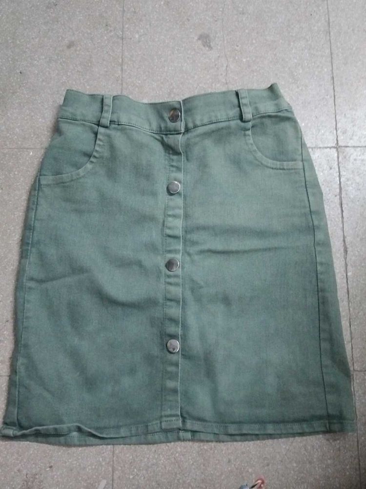 Green Denim Button-Front Skirt