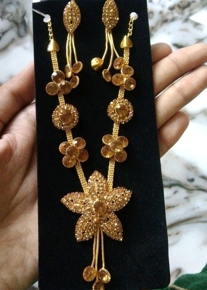 Necklace Golden Stone With Earring