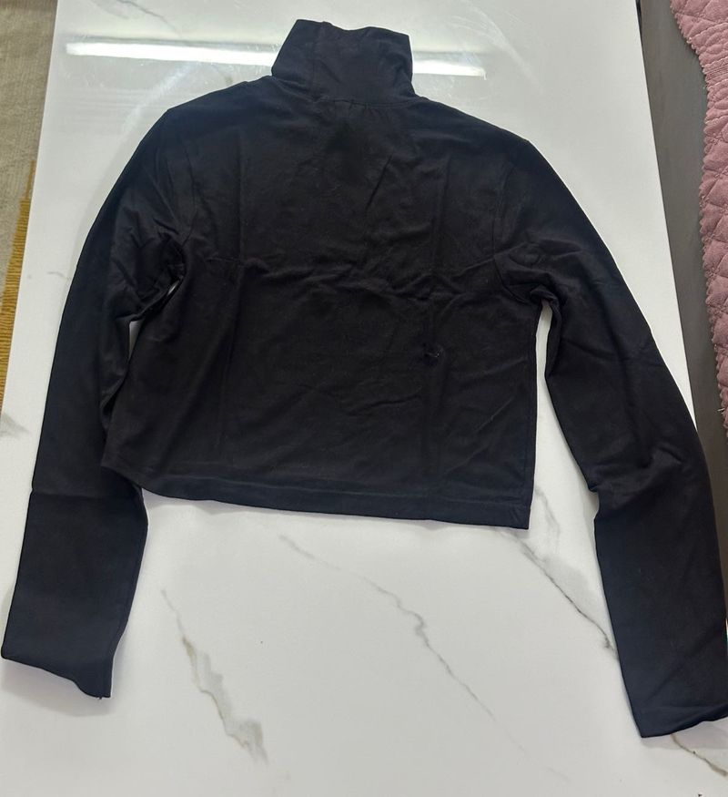 Turtle-Neck Black Cropped T-shirt, Size - 32-34