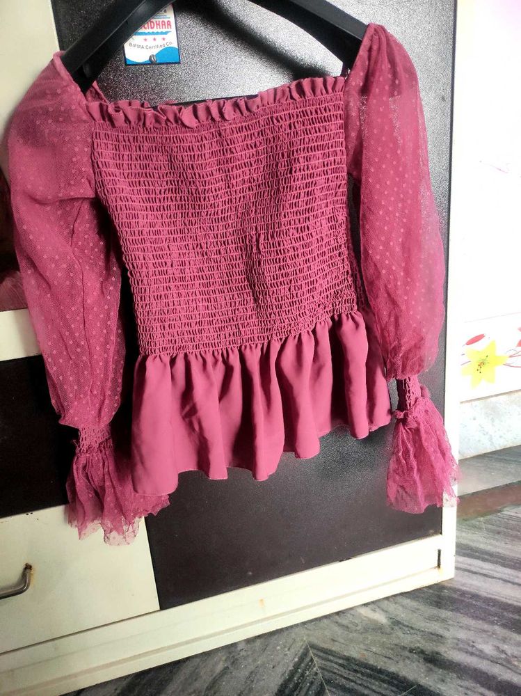 Mauve Polka Dot Smocked Blouse Top