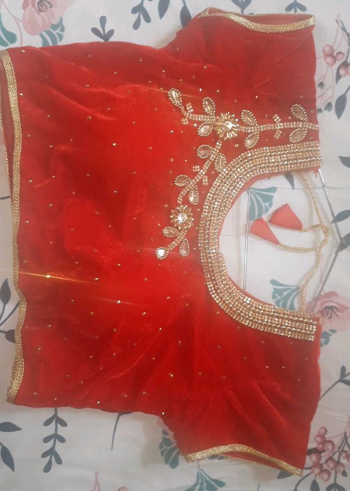 Women Stiched Velvet Blouse Heavy Work Red Cherry