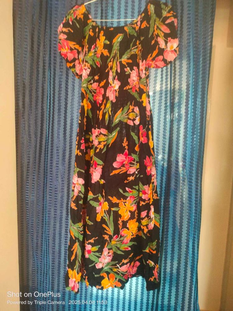 Floral Print Puff Sleeve Midi Dress