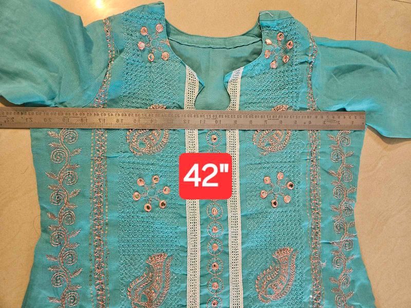 Teal Embroidered Kurti and Pant