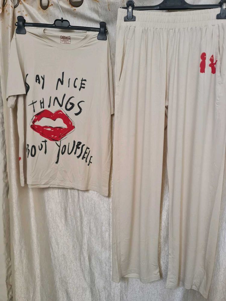 Beige Graphic Tee &amp; Pants Set COD SE