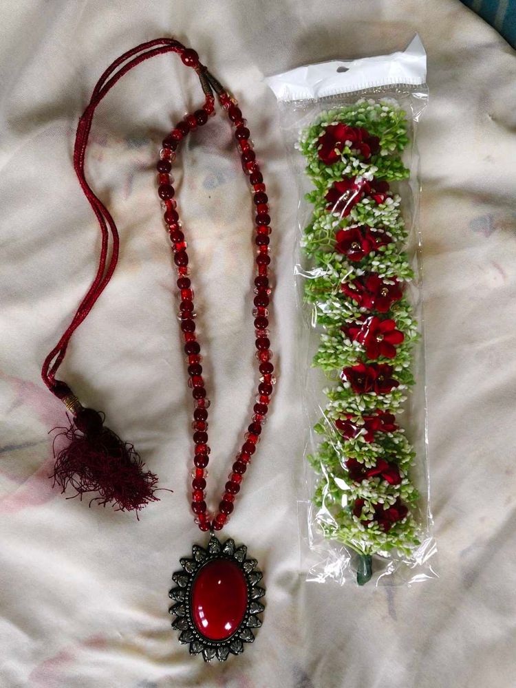 Red Beaded Necklace &amp;  Floral Hair Clip