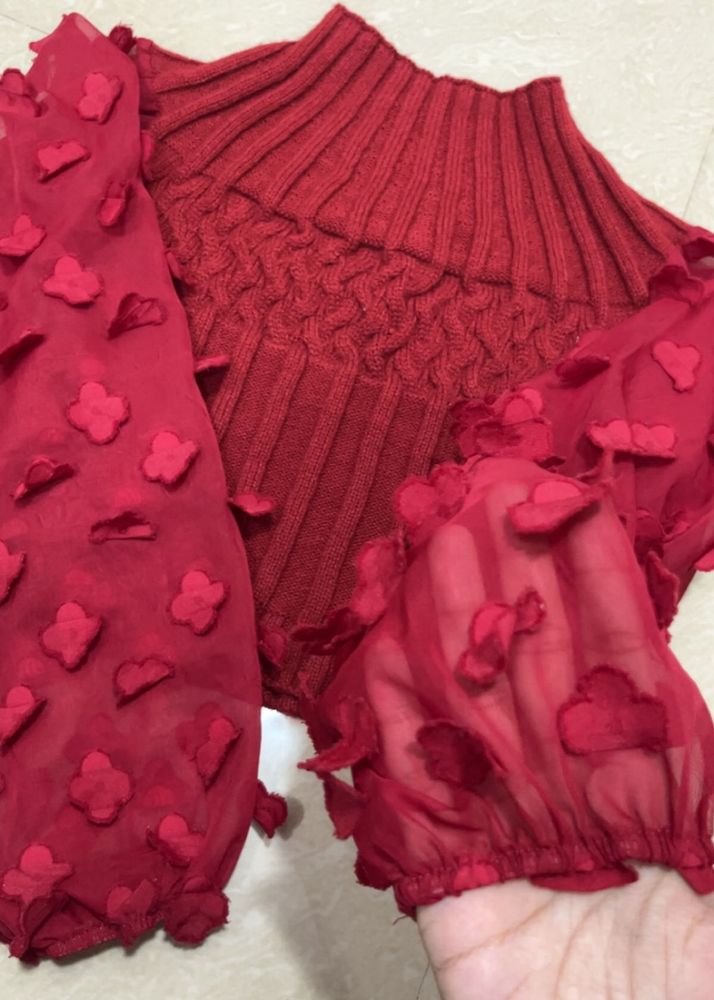 Red Knit &amp; Chiffon Top