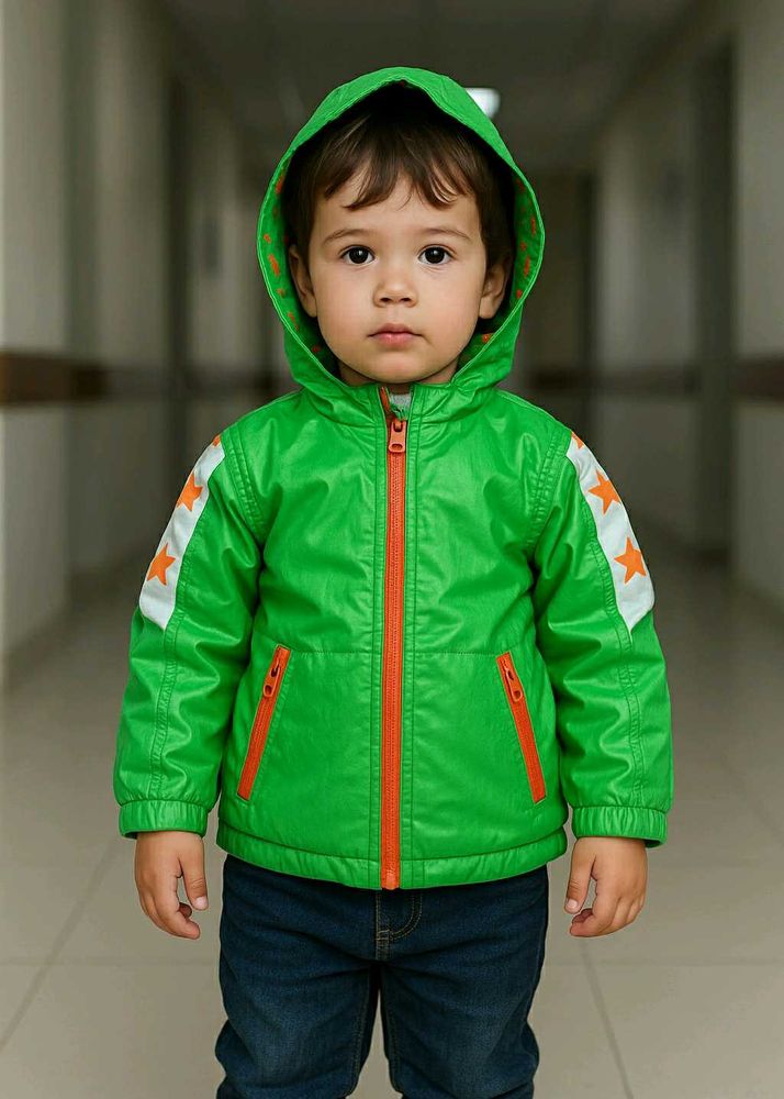 Kids Hooded Star Print Jacket – Green (Size 80)