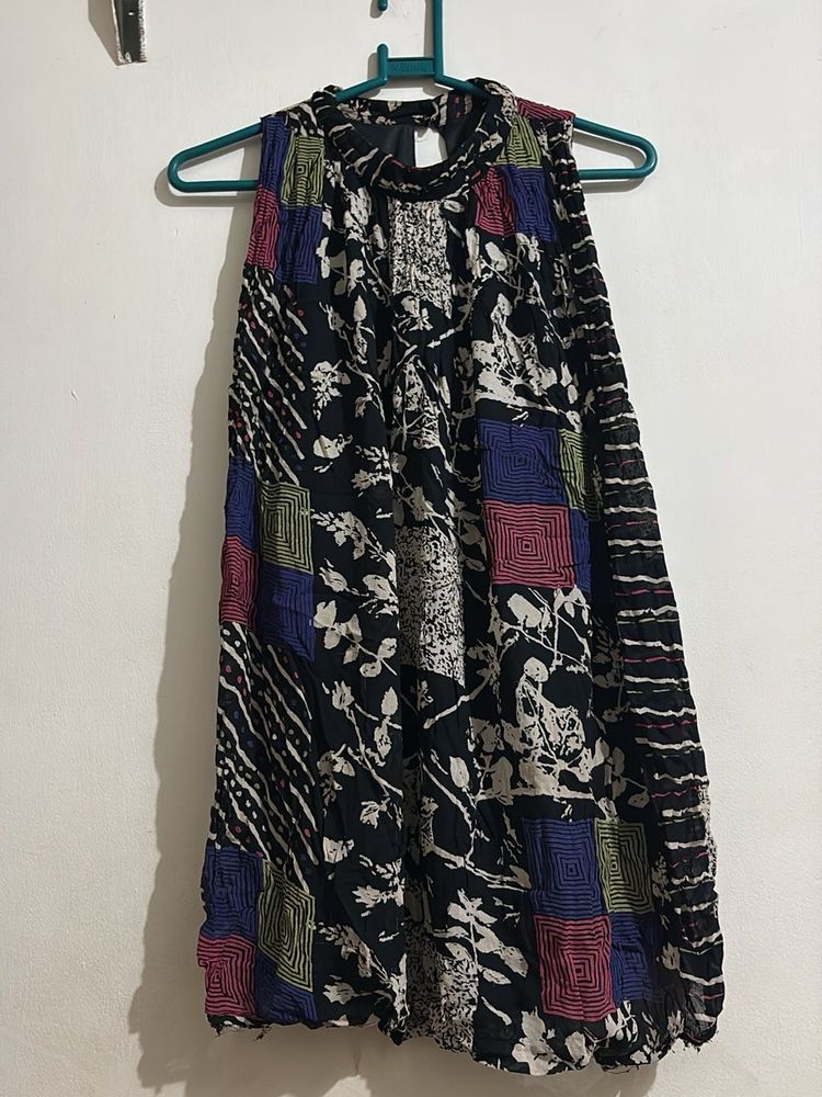 Patchwork Print Black Sleeveless Dress