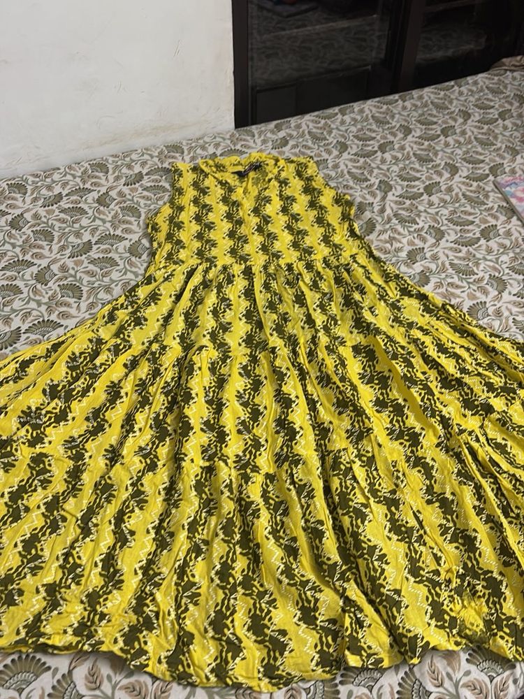 Yellow Printed Anarkali Dress