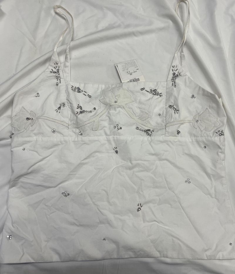 Floral Poplin Top With Rhinestones