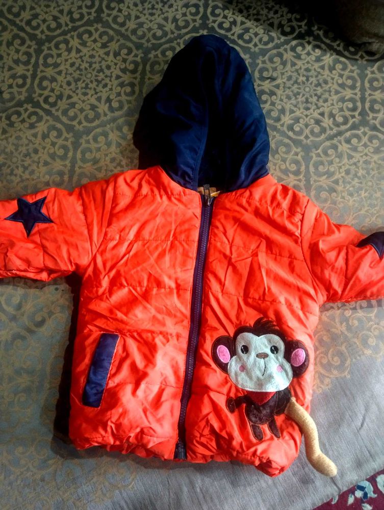 Kids Orange Monkey Puffer Jacket