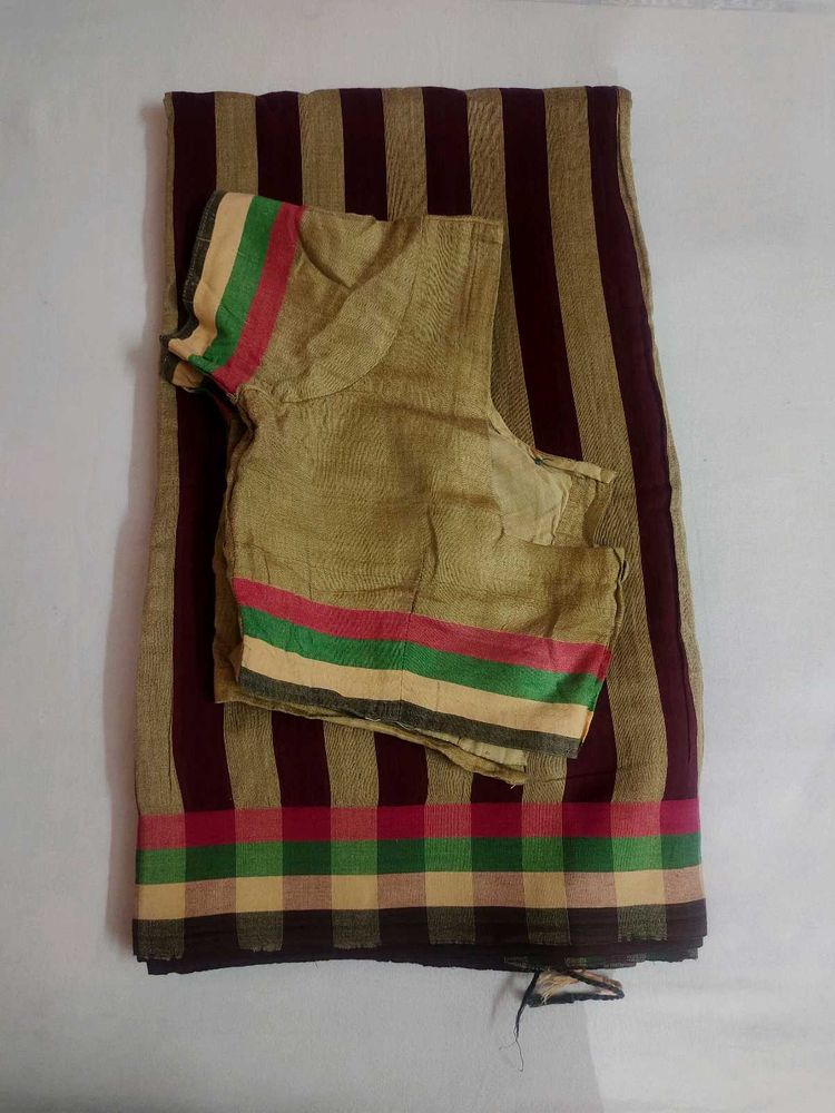 Striped Cotton Saree with Blouse 💗