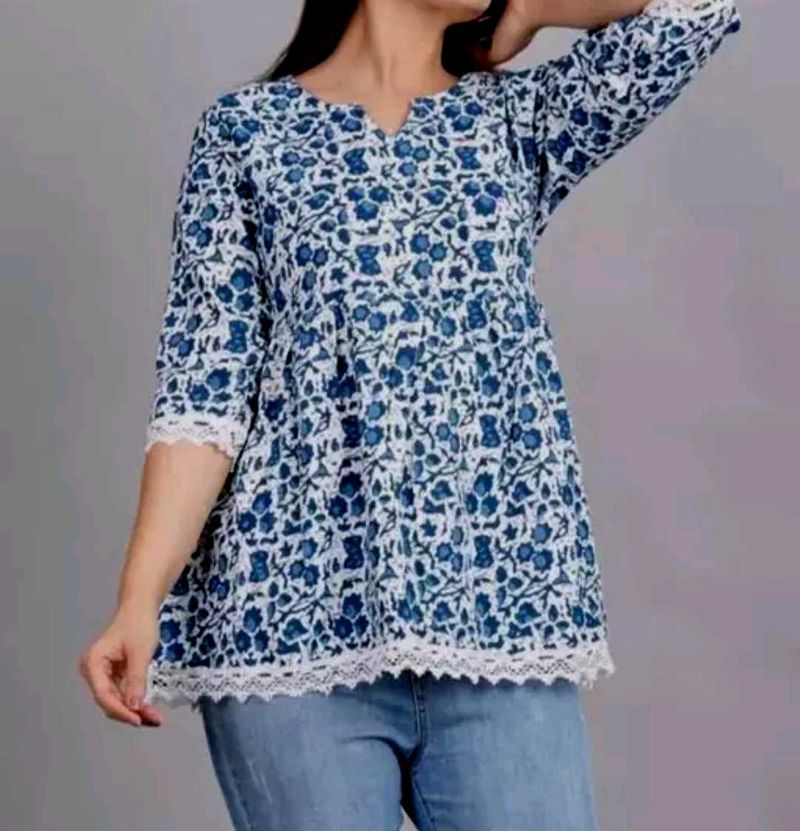 Blue Floral Lace Trimmed Top