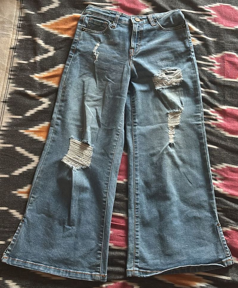 Wide Leg Blue Ripped Jeans