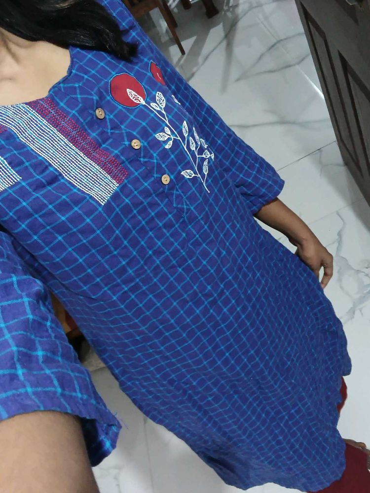 Blue Plaid Embroidered Tunic