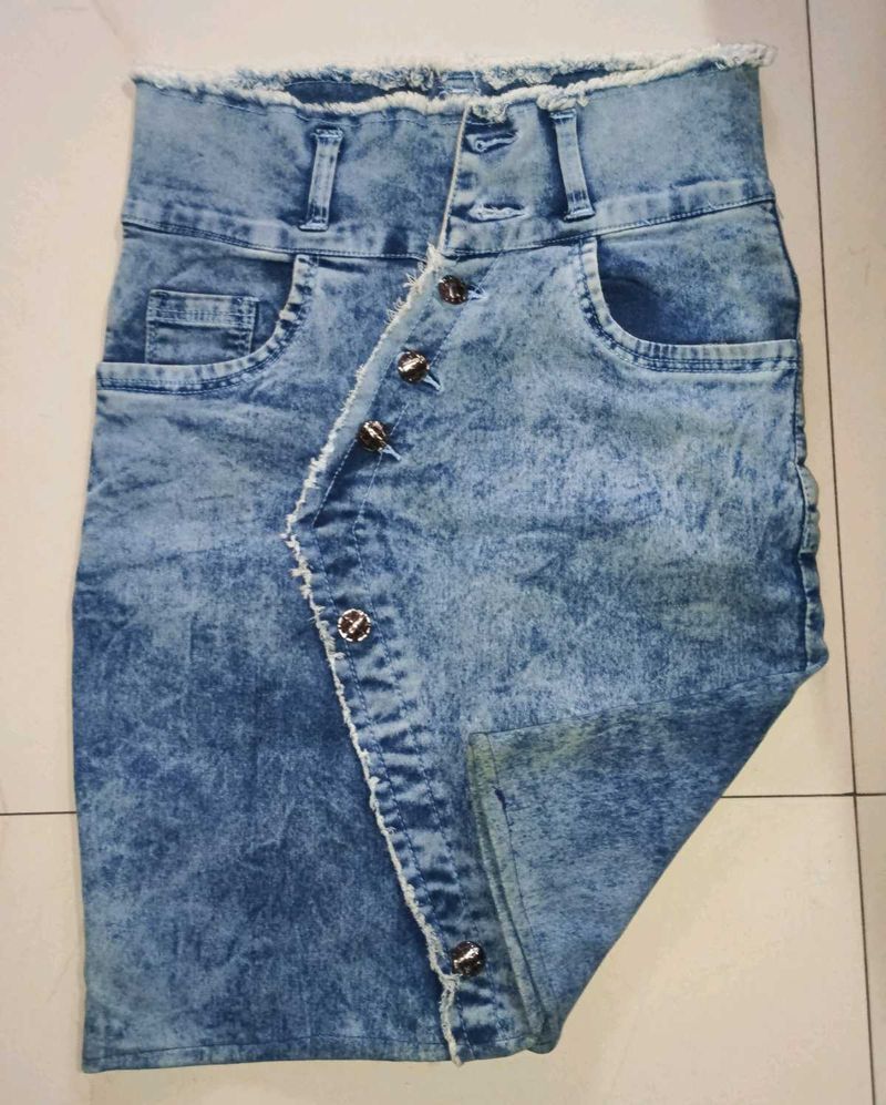 Acid Wash Denim Skirt with Asymmetrical Button Det