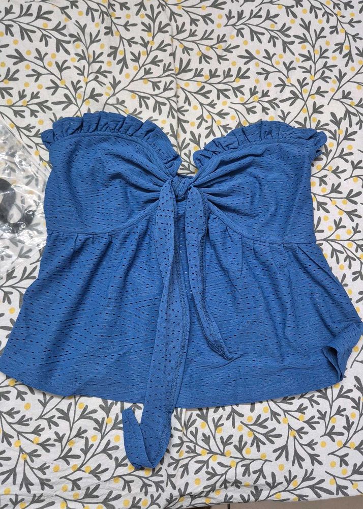 Cute Blue Tie-Front Top