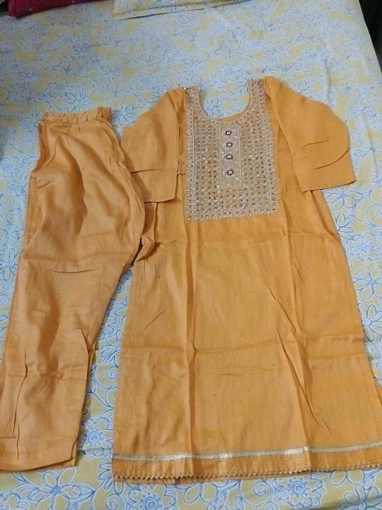 Orange Embroidered Kurti Pant Set
