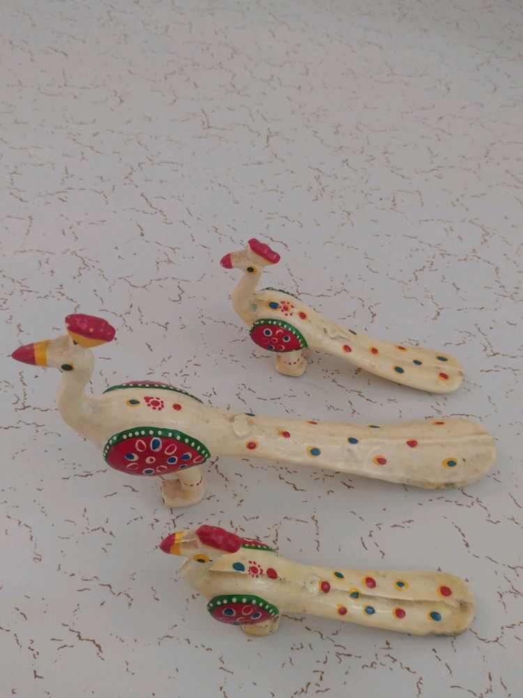 Vintage Wooden Peacock Figurines (Set of 3)