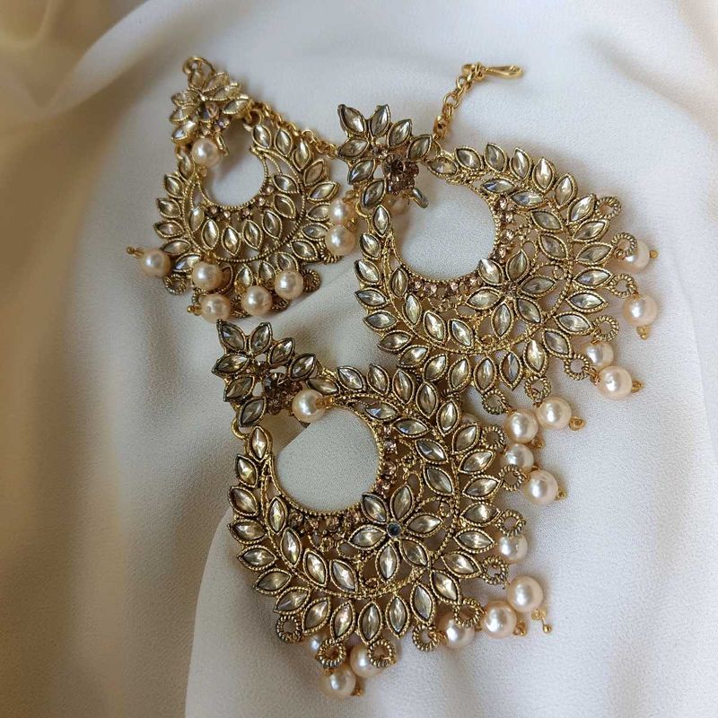 Gold Plated Pearl Earrings Tikka Set