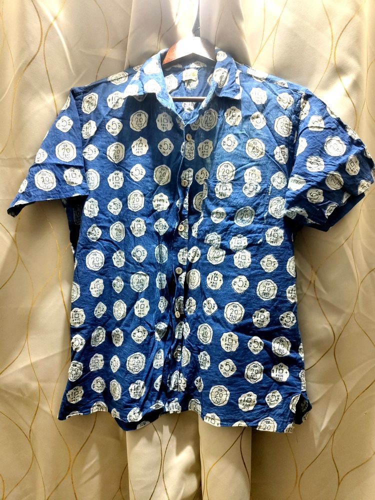 Vintage Coins Print Blue Cotton Half Sleeve Shirt