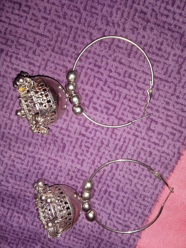 Silver Jhumka Hoop Earrings And Golden Small Earin