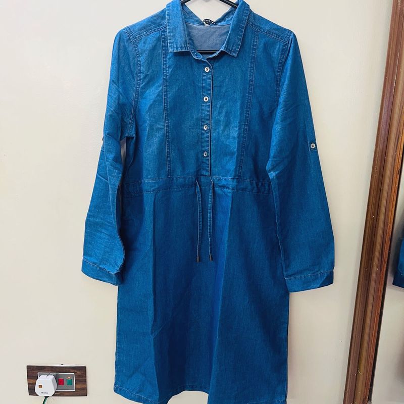 Women Blue Pure Cotton Solid Denim Shirt Dress