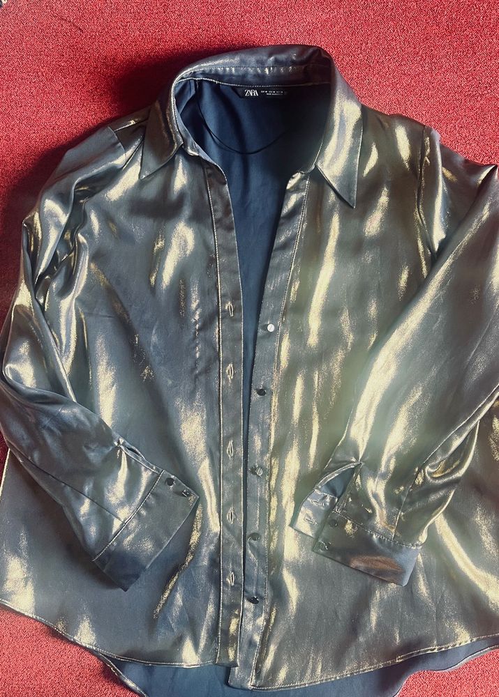 Zara Metallic  Blue Over Shirt