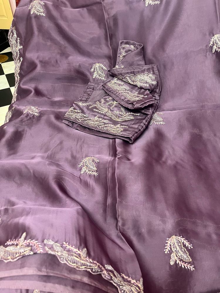 : Royal Mauve Embroidered Silk Saree with blauze