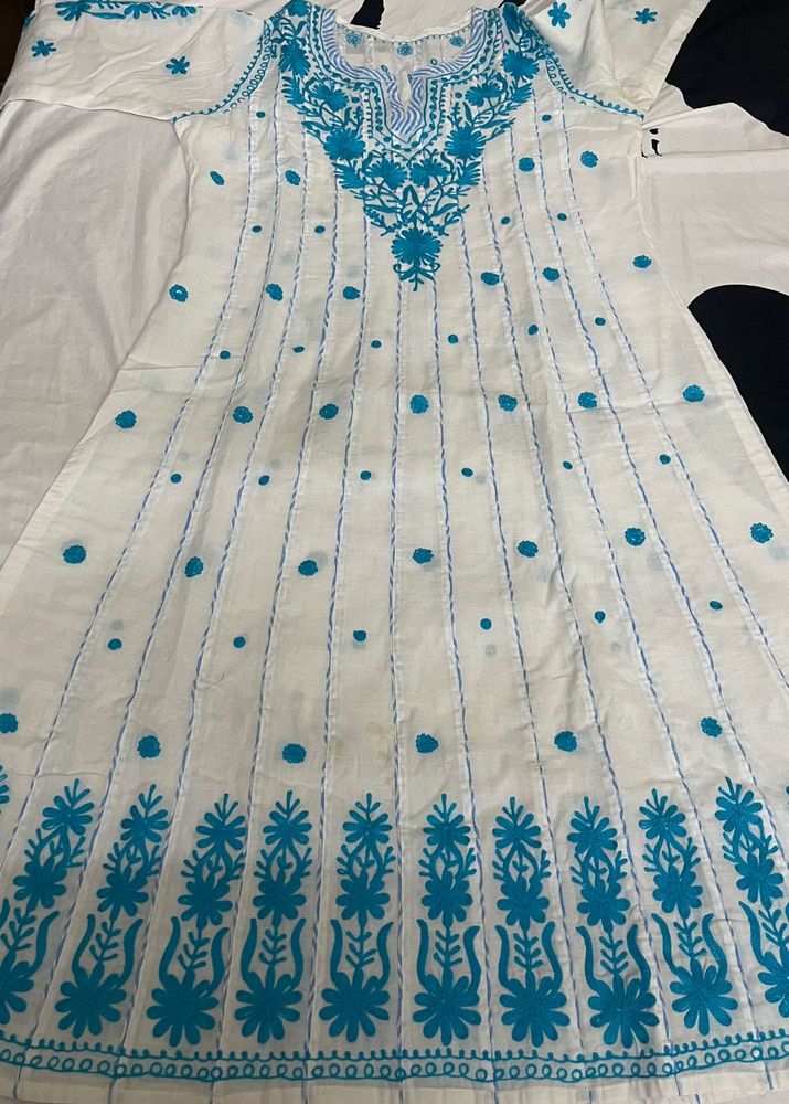 White &amp; Blue Embroidered Kurti Dress