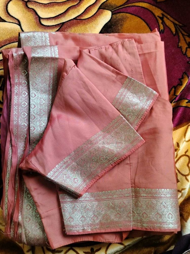 Peach Saree with Silver Border