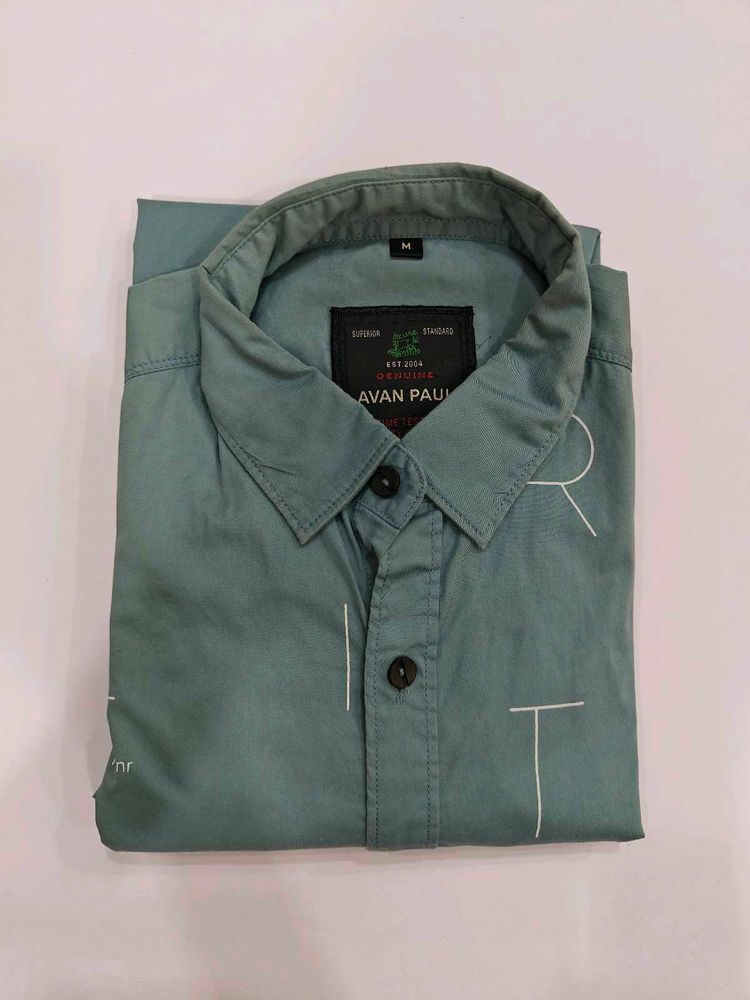 Avan Paul Printed Teal Green Casual Shirt (Medium)